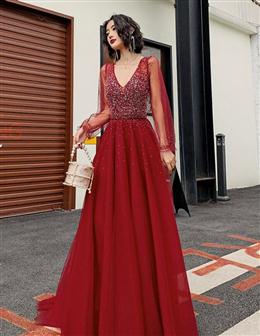 Picture of Wine Red Color Long Sleeves Beaded Low Back Tulle Prom Dresses, Wine Red Color Formal Dress